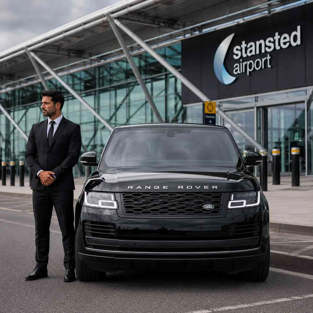 Professional chauffeur standing beside a black Range Rover outside Stansted Airport terminal in the UK.